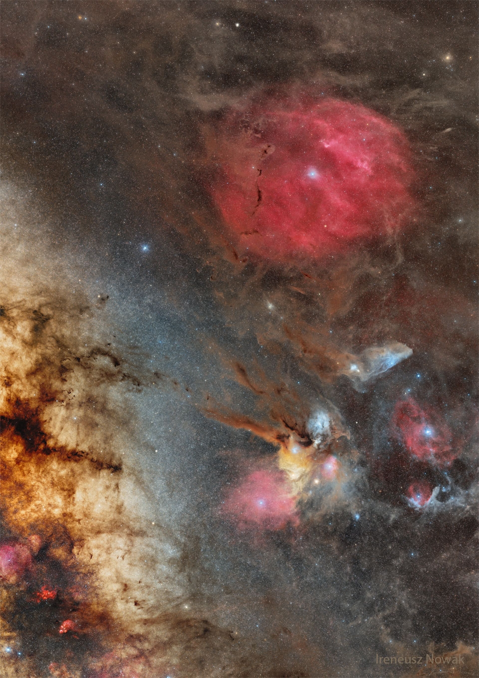 Auf einem richtig bunten Himmel sind viele Sternen und Nebel verteilt, die rot, gelb, blau und braun leuchten.
