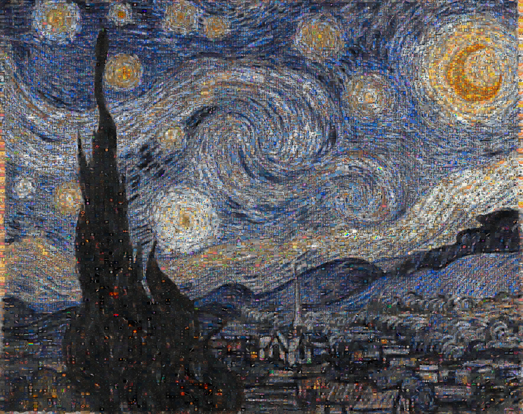 Auf den ersten Blick erkennt man das Bild "Sternennacht" von Vincent van Gogh. Wenn man genau hinsieht, erkennt man ein Mosaik aus 32.232 Kacheln, welche 1826 Bilder der letzten 5 Jahre zeigen.