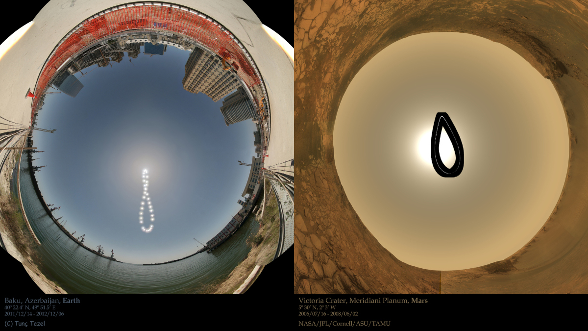 Die Sonne zieht Schleifen am Himmel, wenn man sie täglich zur selben Uhrzeit fotografiert. Diese Schleife nennt man Analemma. Die Form der Schleife hängt jedoch vom Himmelskörper ab. Die linke Schleife wurde auf der Erde fotografiert, die rechte Kurve in Form einer Träne stammt vom Mars.