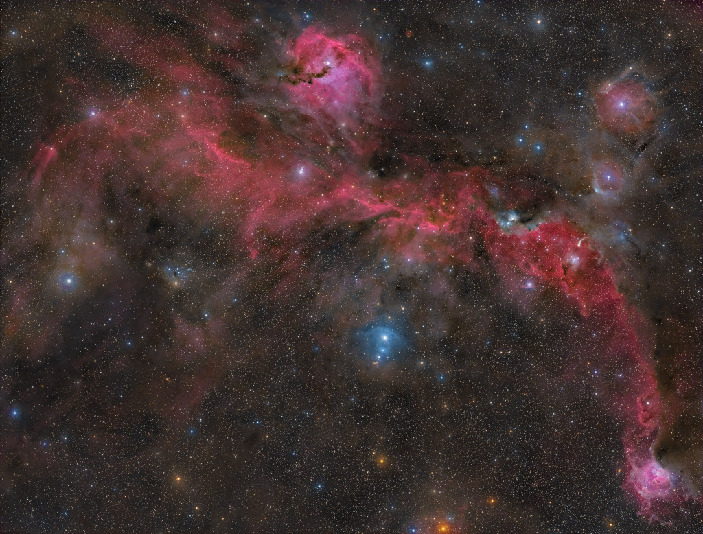Eine rötliche Nebelwolke vor einem Sternenhintergrund mit weiteren bräunlichen Nebeln. Die rötliche Wolke erinnert in der Form an eine fliegende Möwe mit ausgebreiteten Flügeln. Ein Klick auf das Bild lädt die höchstaufgelöste verfügbare Version.