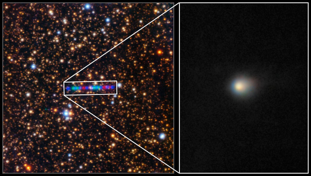 Das linke Bild zeigt die Bewegung des Kometen 3I/ATLAS, auch C/2025 N1, im rechten Bild wurden die Einzelbilder zu einem Gesamtbild kombiniert. Die Farben des Kometen im linken Bild entstehen, weil Filter verwendet wurden.