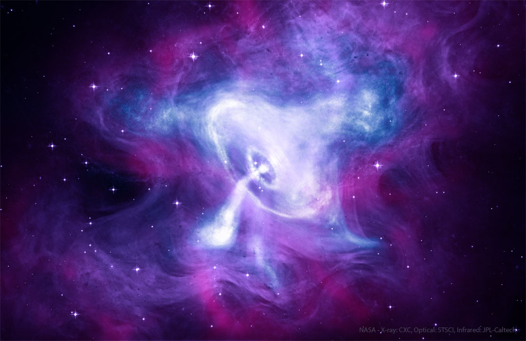 Der Krebspulsar ist von weißen, wirbelnden Wolken umgeben. Außen herum sind violette Wolken angeordnet. Das Bild wurde eingefärbt.