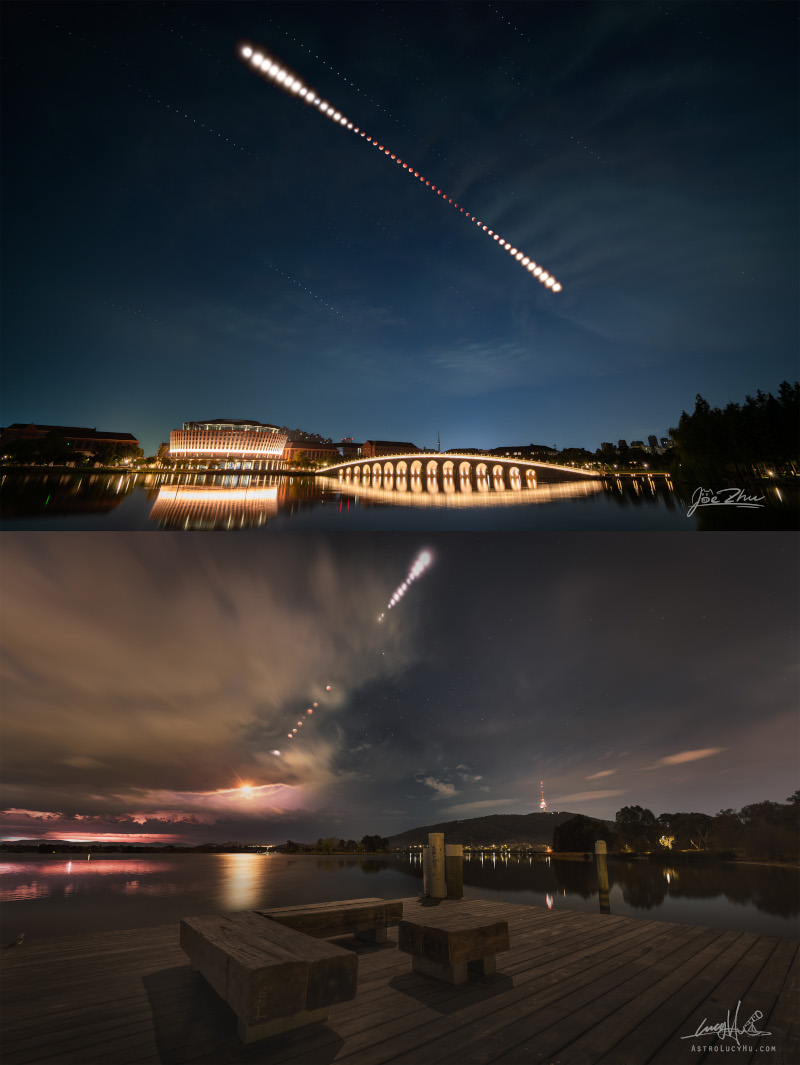 Zwei Bilder der totalen Mondfinsternis wurden kombiniert. Eins stammt von der südlichen Halbkugel, eins von der nördlichen. Das obere Bild vom Norden wurde am Campus der Zhejiang-Universität in China fotografiert, das südliche im australischen Canberra.