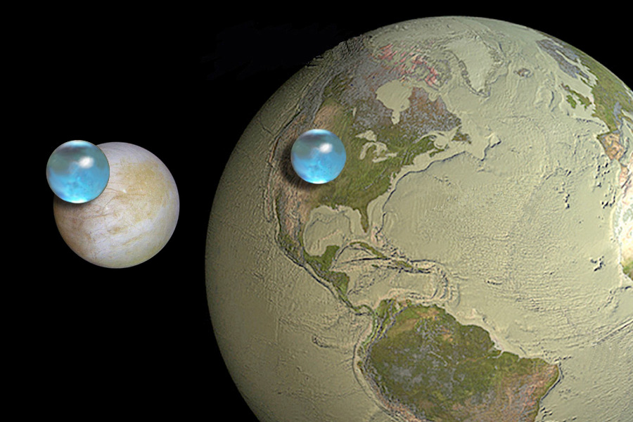 Links neben der Erde ist der Jupitermond Europa. Auf beiden Himmelskörpern ist eine blaue Perle. Sie zeigt die Menge an Wasser, die auf dem jeweiligen Körper vorhanden ist.