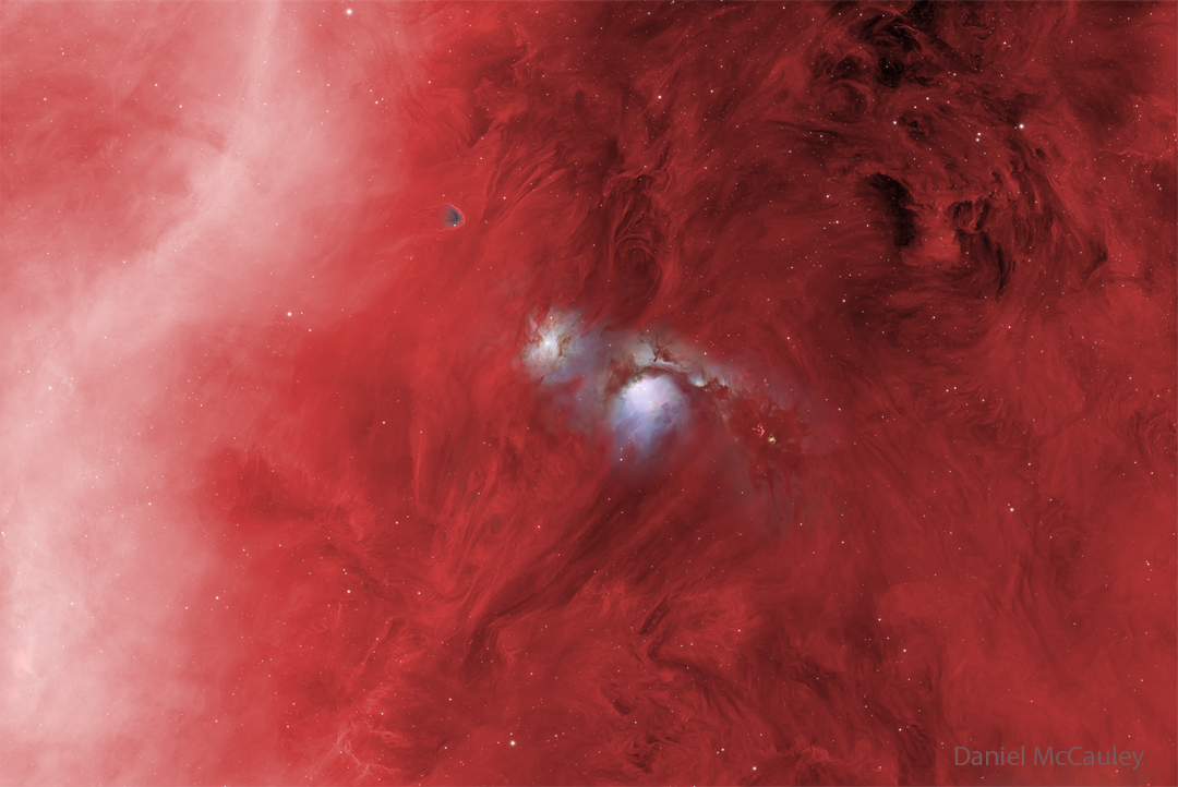 In einem Meer aus roten Nebeln leuchten in der Mitte zwei Reflexionsnebel: M78 und NGC 2071. Links oben verläuft ein Teil der Barnardschleife in Weiß.