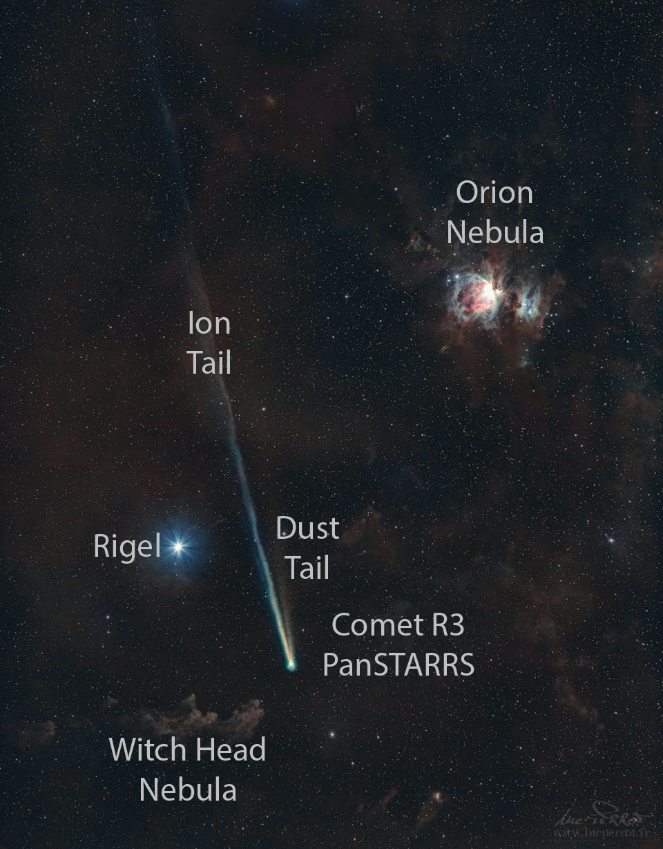 Komet C/2025 R3 (PANSTARRS) zieht mit einem langen Schweif durch ein Sternfeld. Der Schweif reicht von unten nach links oben. Links neben dem Kometen leuchtet der helle Stern Rigel. Rechts über dem Kometen schimmert der rot-weiße Orionnebel.