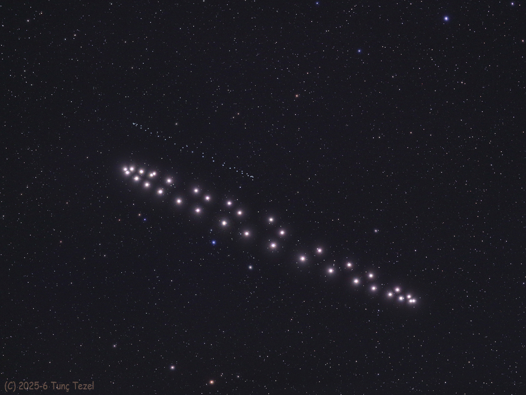 Zwei parallele Schleifen aus hellen Punkten verlaufen am Nachthimmel. Dieses Kompositbild zeigt die Positionen von Saturn und Neptune. Die Kamera folgte ihnen von Mai 2025 bis JÄnner 2026. Der hellere Ring vorne ist Saturn, der blassere Ring dahinter ist Neptun.