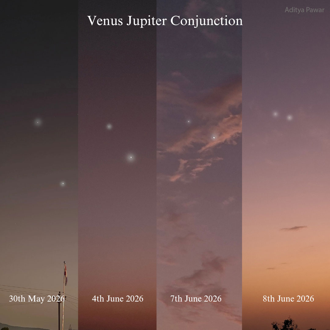 Vier Bildfelder zeigen, wie sich die Planeten Jupiter und Venus am Horizont von Maharashtra immer näher kommen. Am 8. Juni stehen sie in der Dämmerung eng beisammen.