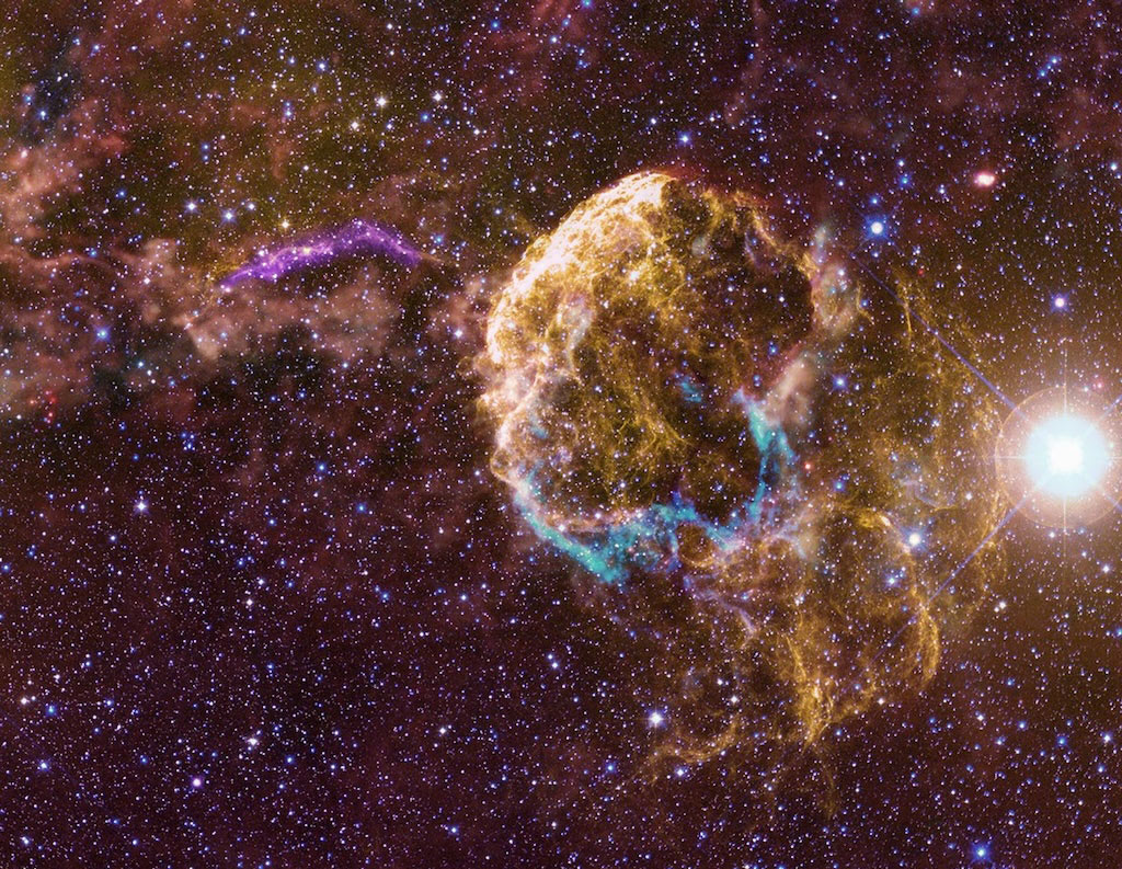 Der Quallennebel ist hier farbcodiert dargestellt. Der größte Teil des Nebels leuchtet gelb. Links ist ein violettes Filament, und im Nebel ziehen blaue Fasern durch die Mitte. Rechts leuchtet ein sehr heller Stern, er heißt Propus.
