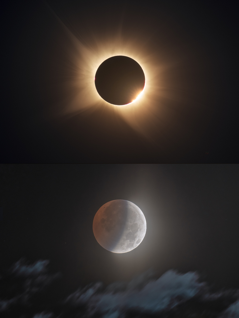 Zwei Bildteile zeigen eine Sonnenfinsternis (oben) und eine Mondfinsternis (unten). Oben schimmert die Korona am Rand des Mondes. Rechts unten leuchtet sie hinter dem Rand hervor.

Unten ist der Mond etwa halb in den Kernschatten der Erde getaucht. Der dunkle Teil ist rötlich gefärbt. Rechts erkennt man die markanten Mondmeere.