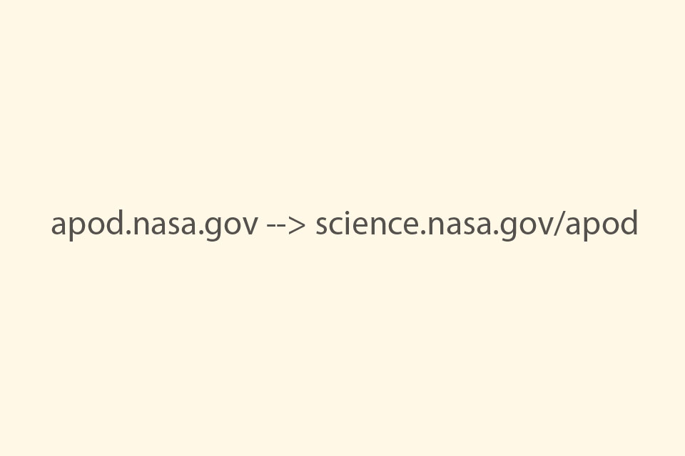 Eine einzige Farbe bedeckt das Bild. Sie erinnert an einen Becher Kaffee Latte. Im Text steht, dass apod.nasa.gov zu science.nasa.gov/apod umzieht.