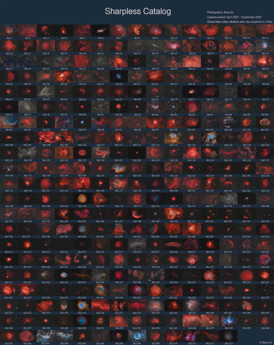 Das Mosaik zeigt alle 313 Objekte des Sharpless-Katalogs. Die Bilder wurden im Osten von China und in der inneren Mongolei fotografiert.